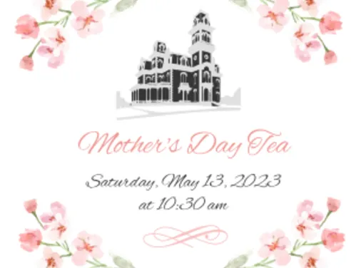 Mothers Day tea invitation with pink flowers and an image of terrace hill
