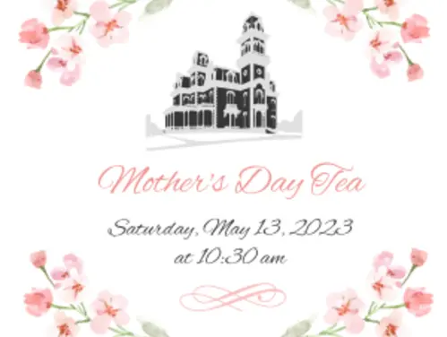Mothers Day tea invitation with pink flowers and an image of terrace hill