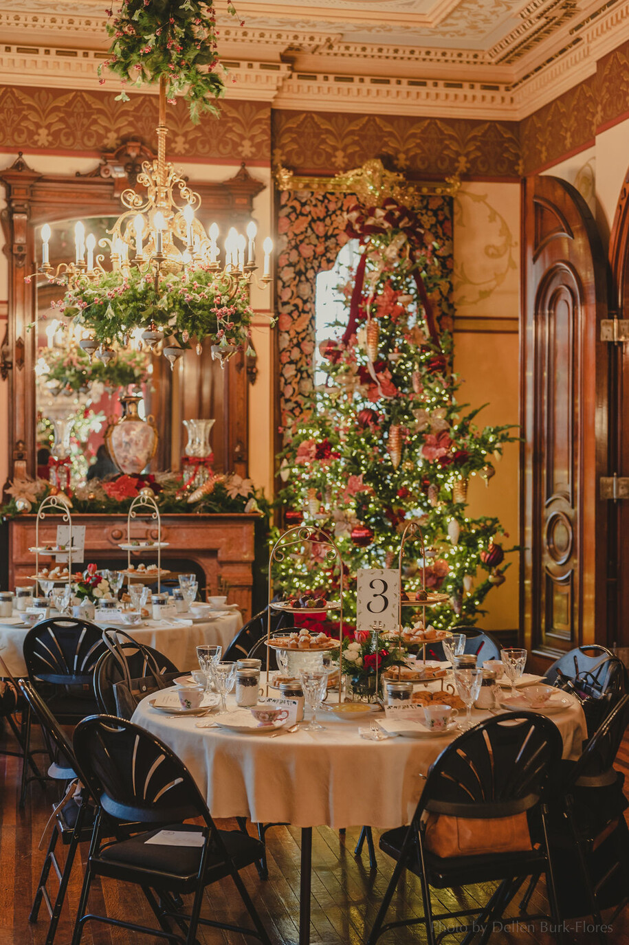 Christmas tree and tea setting in historic home.